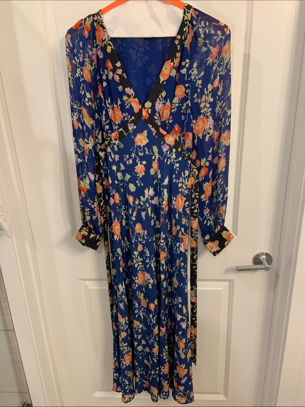 RIXO Silk Floral Wrap Maxi Dress in Navy and Orange